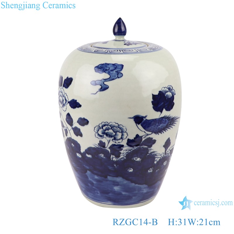 RZGC14-B Blue and white  porcelain flower and bird pattern ceramic storage pot  jar with lid
