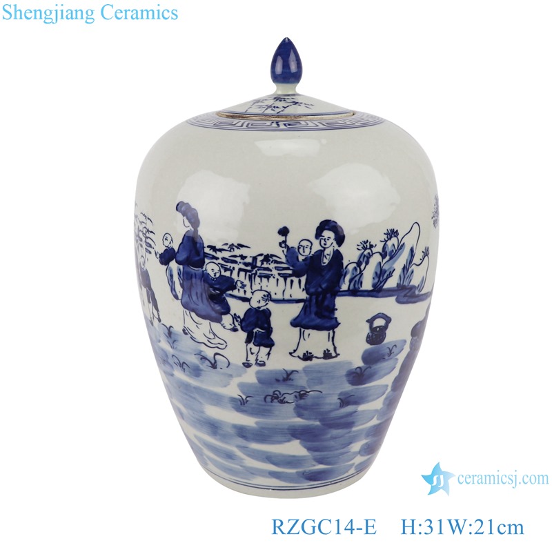 RZGC14-E Blue and white child playing round ceramic storage jar