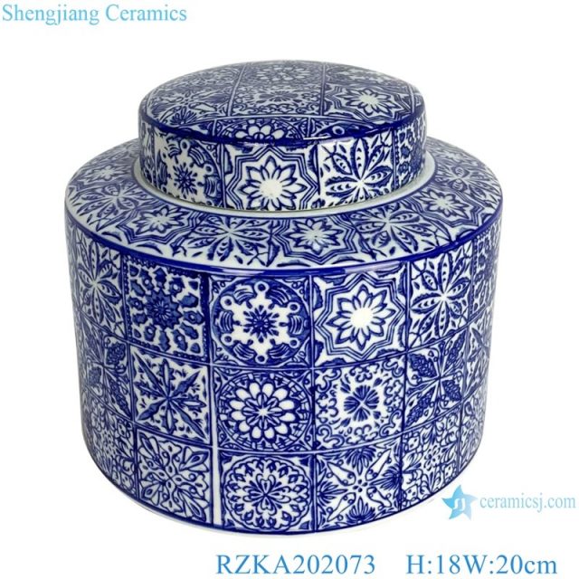  Straight tube blue and white square flower pattern pot 