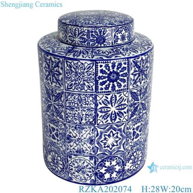 RZKA202074 Antique straight blue and white porcelain medium round storage jar with lid