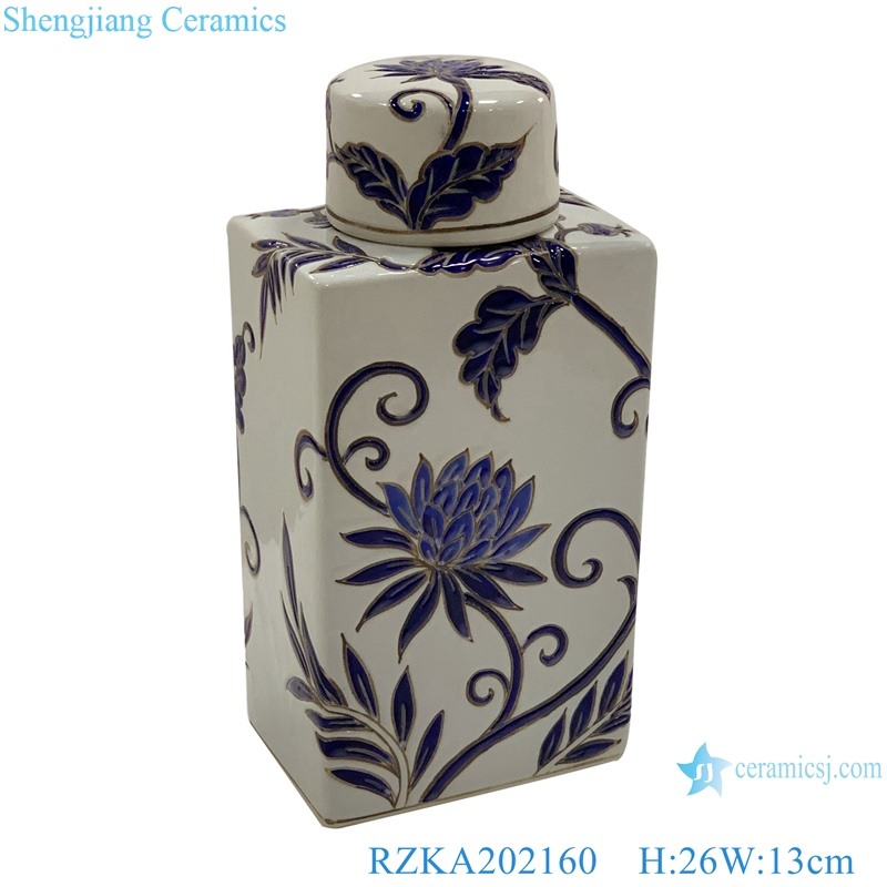 Flat flower design ceramic pot cuboid with cover 