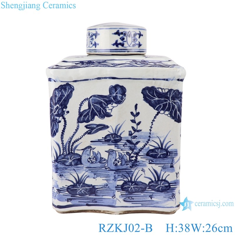 RZKJ02-B Blue and white rectangular fish and grass ceramic storage tea jar