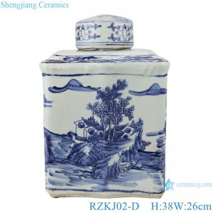 RZKJ02-D Blue and white porcelain rectangular landscape storage jars flat pot