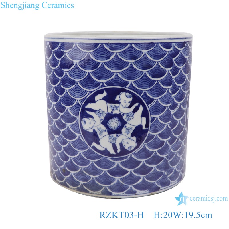 RZKT03-H Blue and white fuwa sea wave design ceramic round pen holder