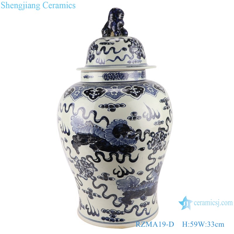 RZMA19-D_Qing Dynasty people kiln pure handmade blue and white double dragon ceramic jars with lids lion