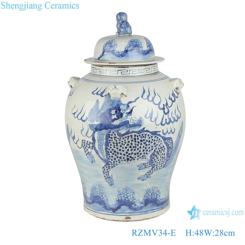 RZMV34-E Blue and white antique unicorn lion head general pot storage jars with lid
