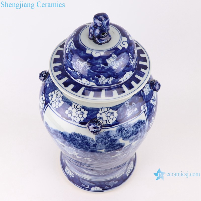 RZOT03-j Blue and white lion head phoenix porcelain ginger jar with lid-profile