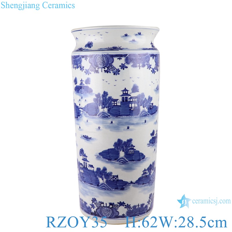 Antique Blue and white wutong landscape pattern porcelain umbrella stand straight cylinder