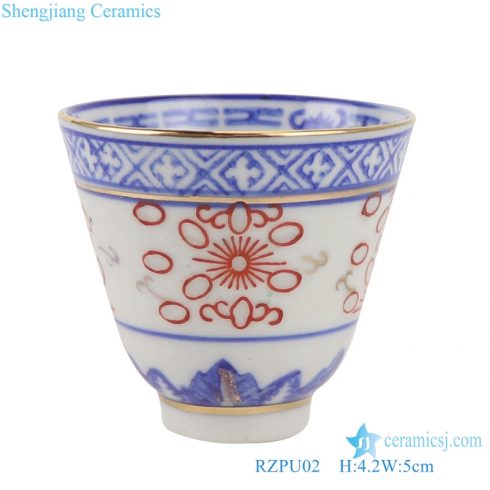 Blue and white with color painting gold line orchid heart thin Ceramic small teacup