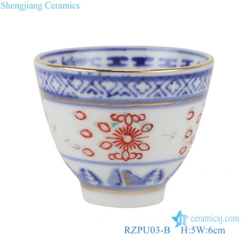 RZPU03-B Blue and white porcelain glaze red gold line dragon pattern thick tea cup with color painting