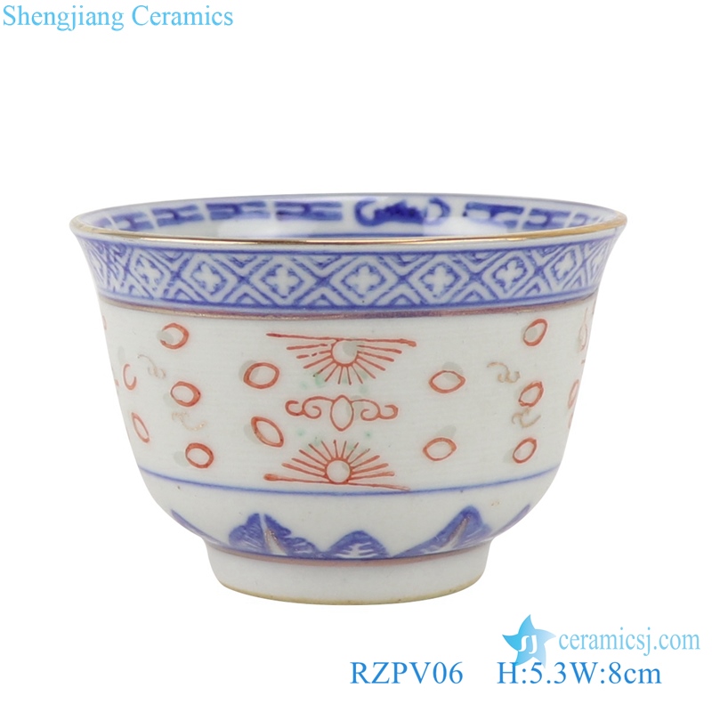 RZPV06 Blue and white porcelain tea cup with gold Line dragon pattern