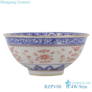 RZPV08 Blue and white old exquisitely gold line ceramic painted small rice tea bowl