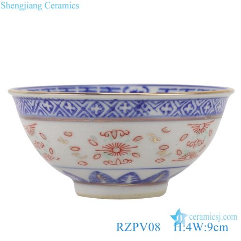 RZPV08 Blue and white old exquisitely gold line ceramic painted small rice tea bowl