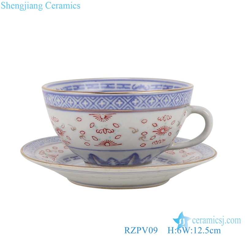 RZPV09 Blue and white antique gold line dragon print ceramic coffee cup and saucer set