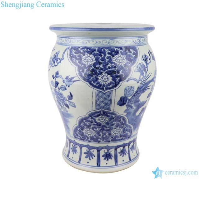RZSC08 Antique blue and white Peony flower bird hand-painted porcelain small garden drum stool