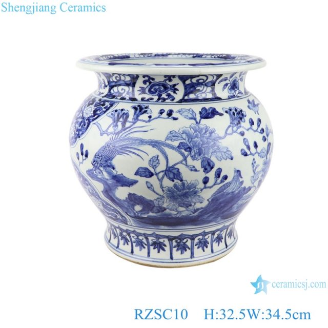 RZSC10 ancient blue and white porcelain ware Hand painted fish tank with flower and bird pattern 