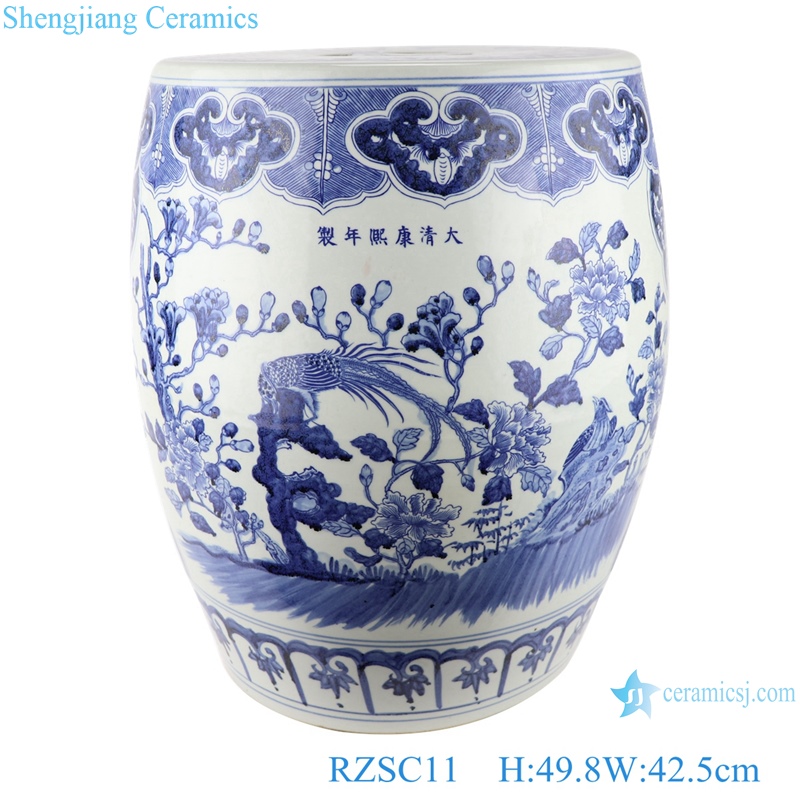 RZSC11 Antique blue and white porcelain garden drum stool with hand painted flowers and birds pattern
