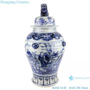 Blue and white porcelain general jar with hand drawn figures in Chinese style