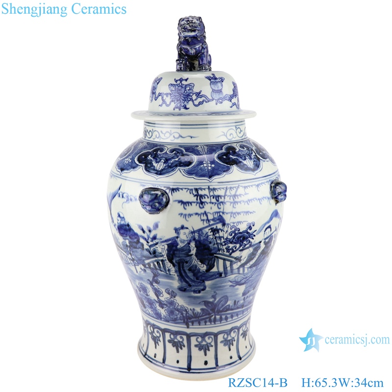  Blue and white porcelain general jar with hand drawn figures in Chinese style