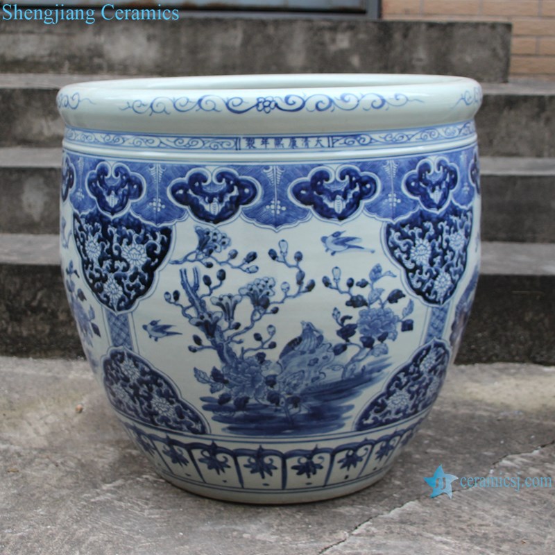RZSC15-B Blue and white flower and bird design ceramic big pots-profile