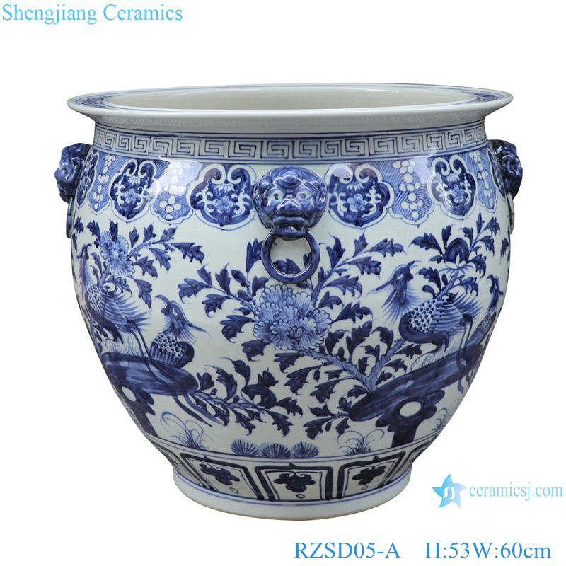 RZSD05-A Antique Jingdezhen handmade peony flower bird blue and white ceramic pot pond