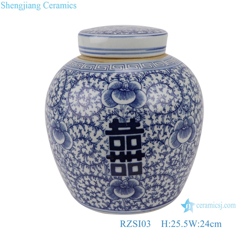 RZSI03 Blue and white happy character design big storage pot tea canister with a lid