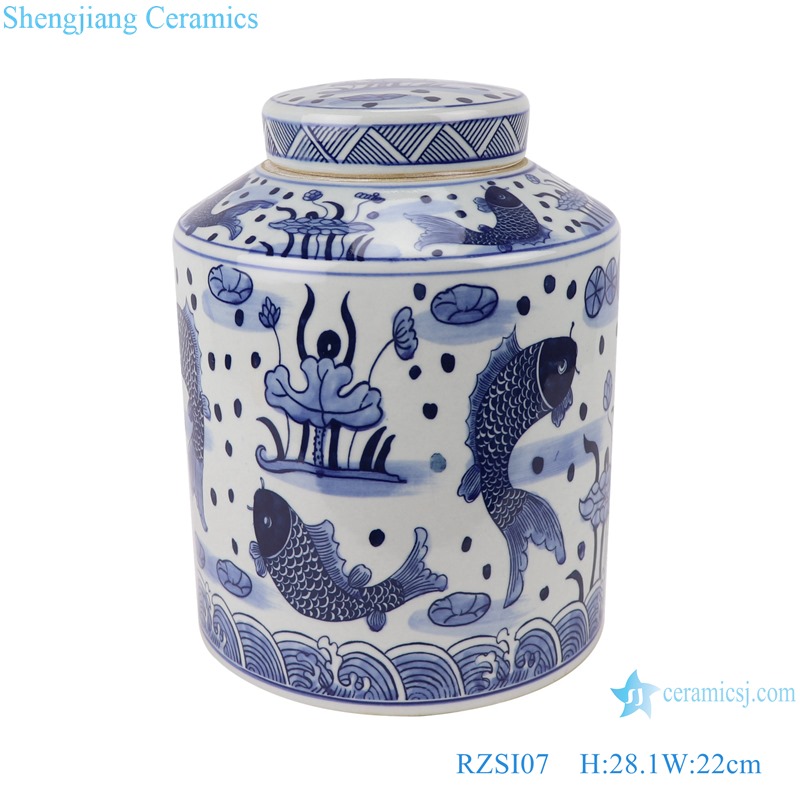 RZSI07 Blue and white porcelain fish algae grain lotus tea canister storage pot