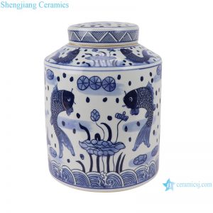 RZSI07 Blue and white fish algaea grain lotus tea pot storage pot