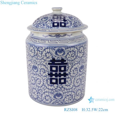 RZSI08 Blue and white porcelain twining branches happy word grain cover storage tea pot with lid