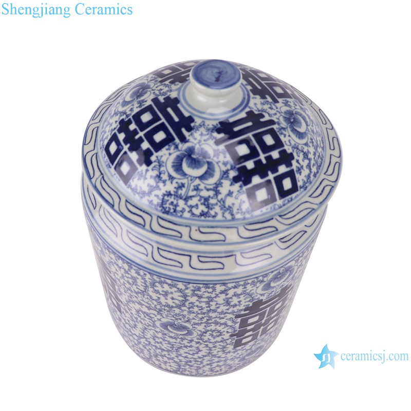 RZSI08 Blue and white twining branches happy word grain cover pot