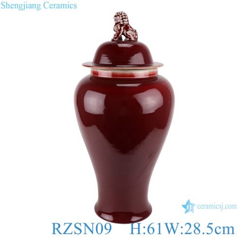 Porcelain Ginger jar with lion head lid and Chinese red glaze