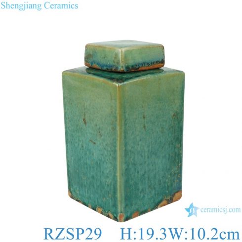 Chinese handmade glaze kiln variable glaze antique green square porcelain pot with lid