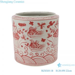 RZSX01-B Alum red lotus mandarin duck playing in water pattern porcelain pen holder