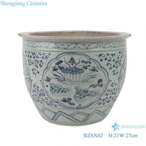 RZSX02 Blue and white twig lotus lotus mandarin duck playing in water grain small ceramic pot