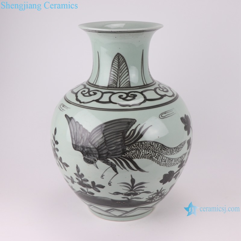 RZSX05 Antique blue and white flower golden pheasant pattern fish tail vase with big belly