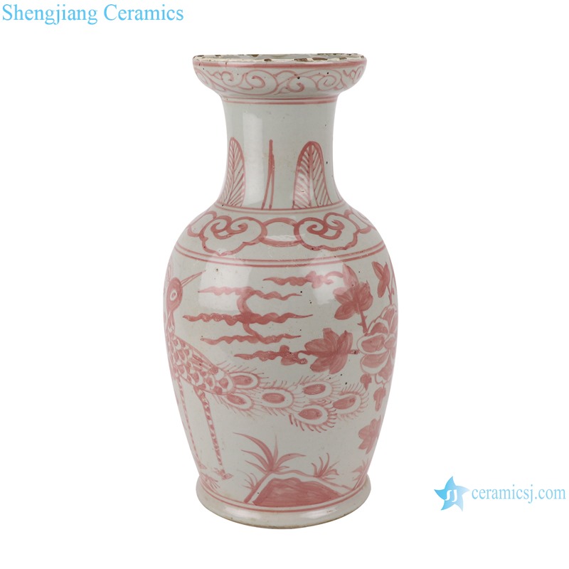 RZSX08-A Antique alum red flower and bird short fishtail ceramic vase 