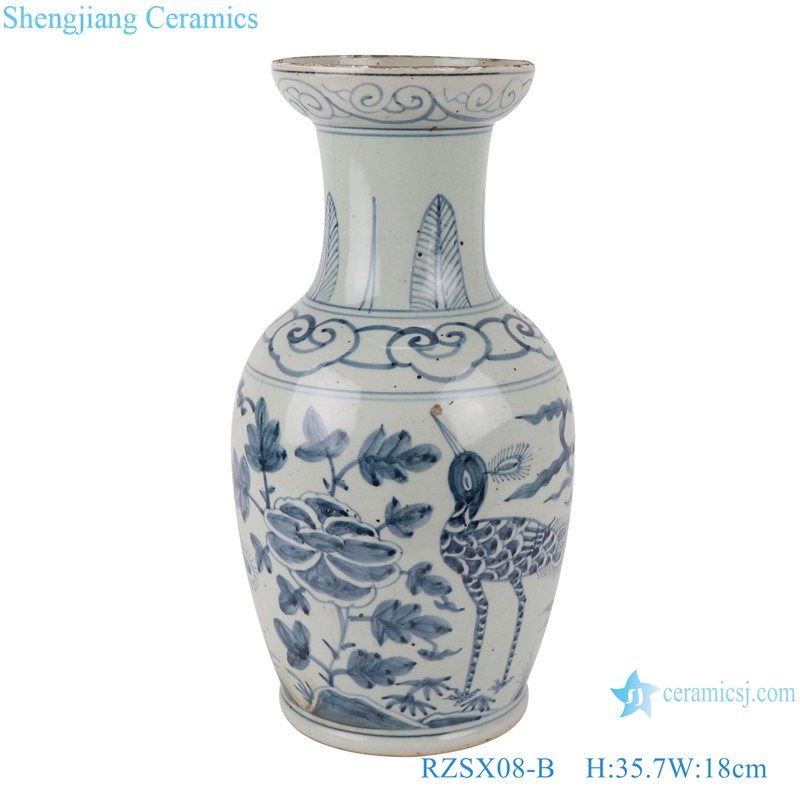 RZSX08-B Antique blue and white porcelain flower and bird short fishtail tabletop ceramic vase