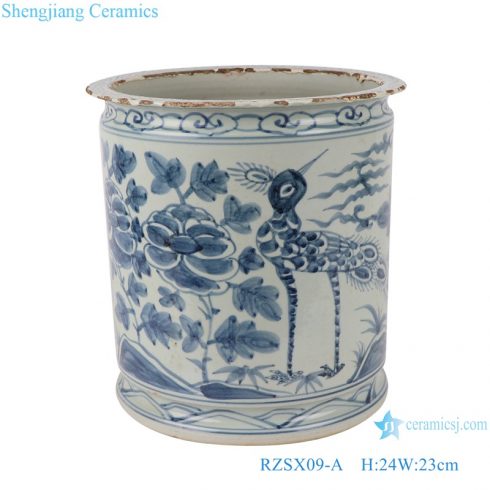 RZSX09-A Antique blue and white porcelain flower and bird pen holder ceramic censer