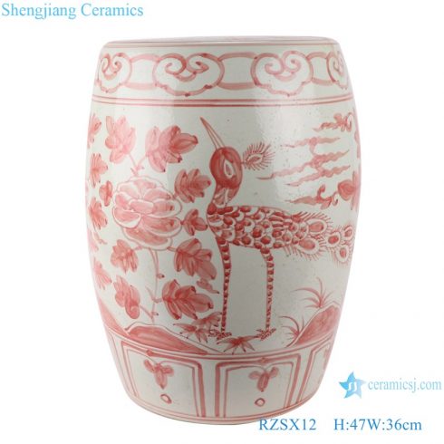 RZSX12 Antique porcelain Archaize alum red flower bird pattern garden drum stool cool pier