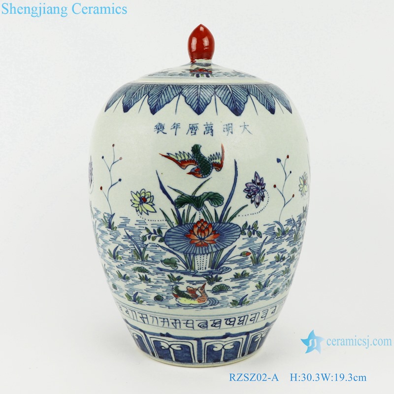 Blue and white porcelain bucket color lotus mandarin duck playing water gourd Tea pot storage tank