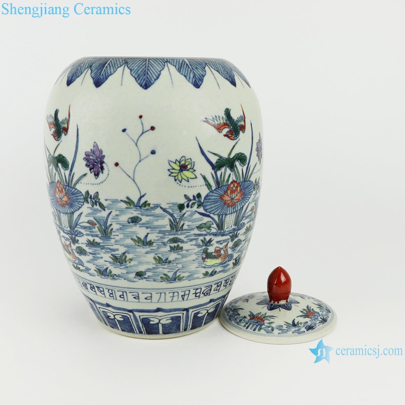 RZSZ02-A Blue and white bucket color lotus mandarin duck playing water flowers birds wax gourd pot storage tank