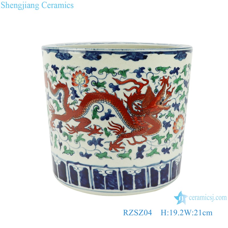 RZSZ04 Blue and white porcelain fighting glaze red wrapped branch dragon pattern ceramic pen holder