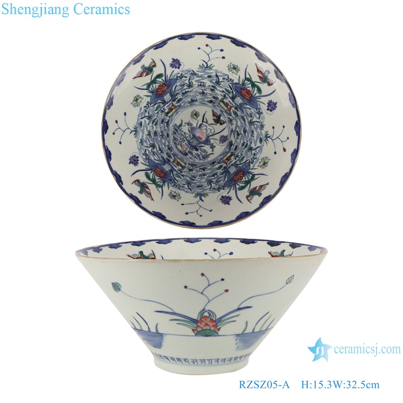 Blue and white red lotus mandarin duck playing water flower bird pattern ceramic bowl