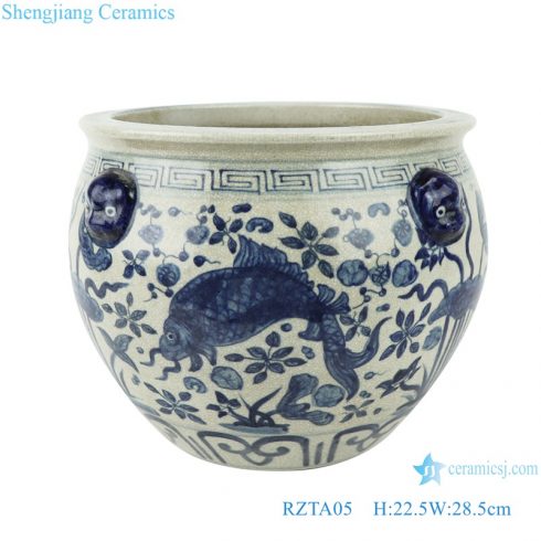 RZTA05 Antique blue and white porcelain lotus fish grass carp algae grain lion head ear small fish pot