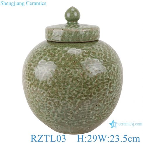 RZTL03 Color glaze crack light green carved twig pattern storage pot with lid