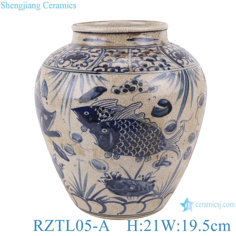 RZTL05-A antique Blue and white cracked bowl fish grass design pot storage