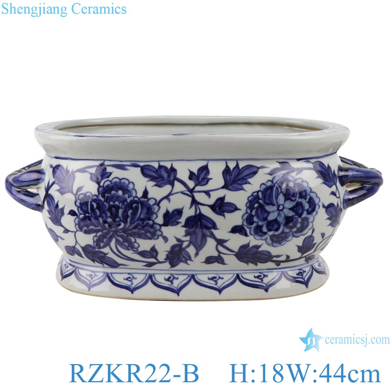 RZKR22-A-B Blue and white ellipse oval shape porcelain planter with handle