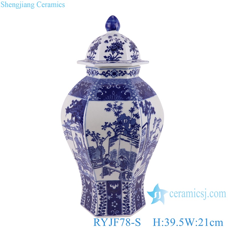 blue and white Porcelain Figure design hexagon shape Ceramic Lidded Ginger Ancestor Jars