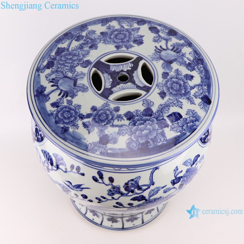 RZSC08-B Jingdezhen blue and white round flowers and birds ceramic stool