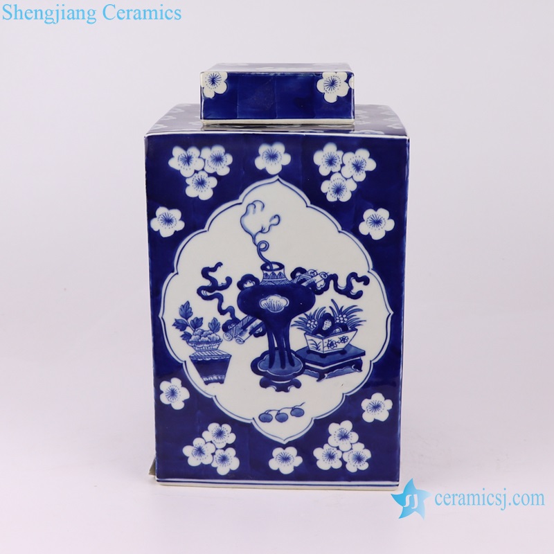 Blue and white Porcelain Ice Plum Blossom Square shape Tea Canister Lidded Jars